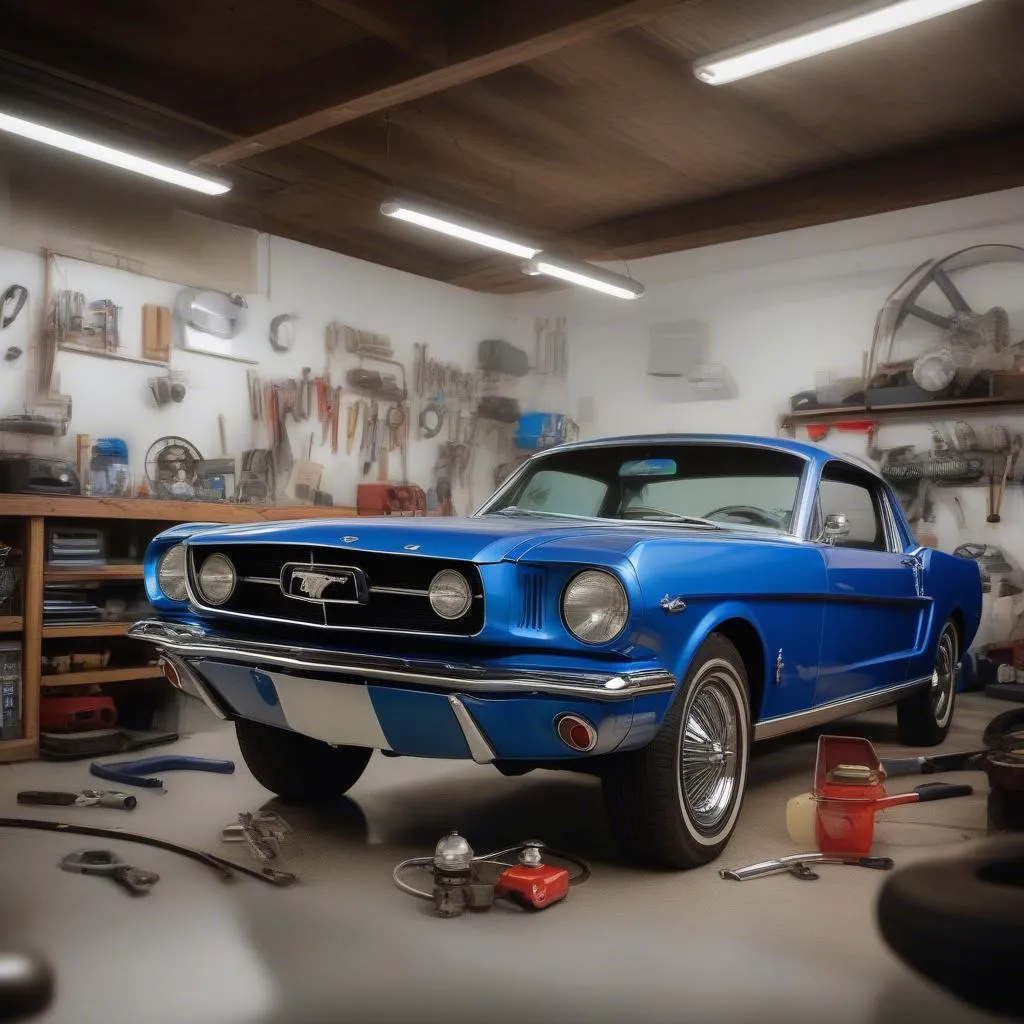 Classic Ford Mustang in a garage