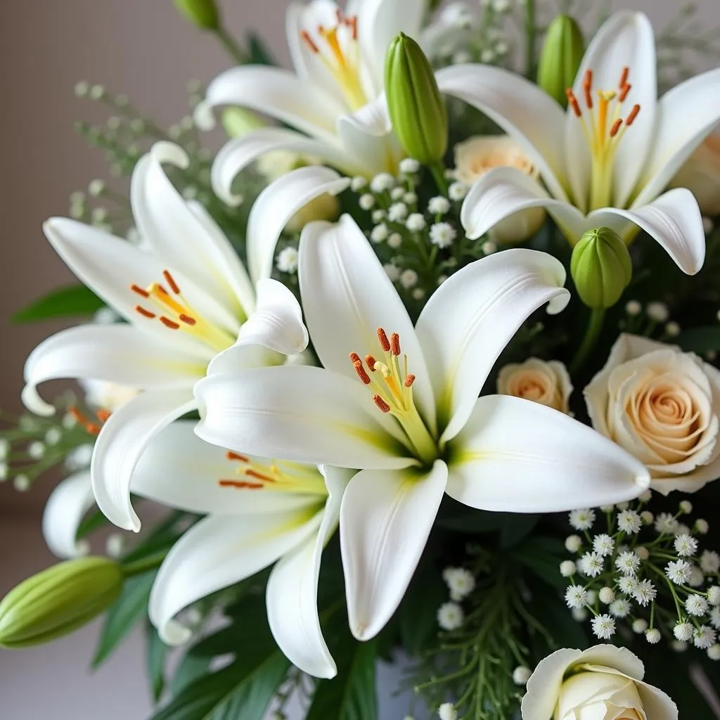 Composition florale pour autel de mariage blanc et vert