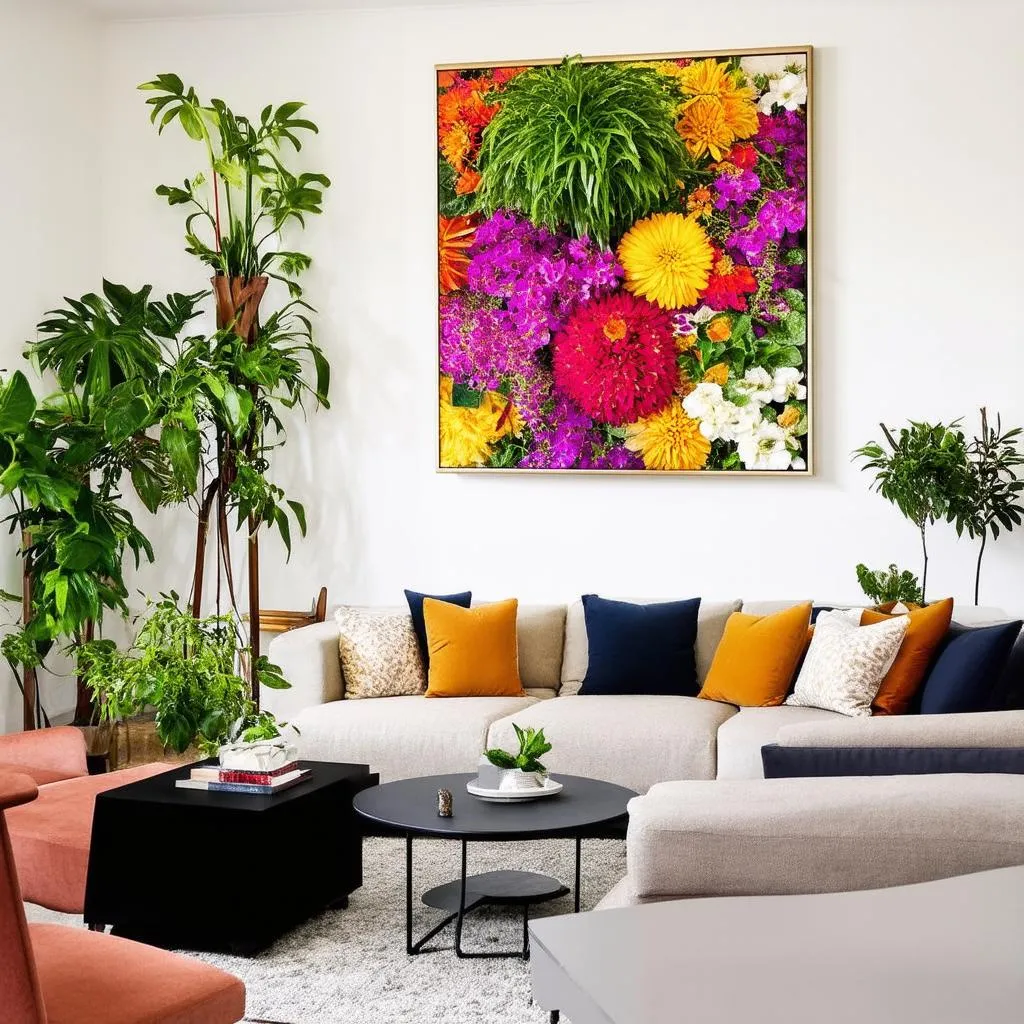 Composition florale verticale dans un salon moderne