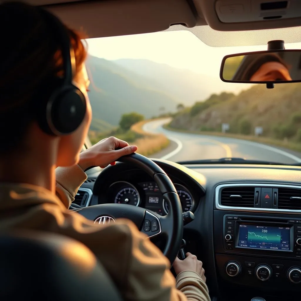 Une personne conduit une voiture sur une route sinueuse en écoutant de la musique