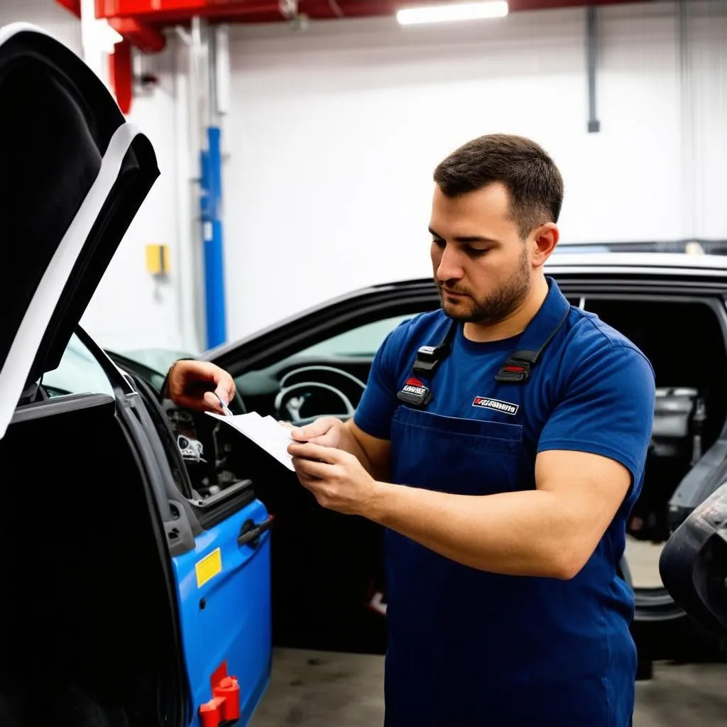 mécanicien effectuant un contrôle de sécurité sur une voiture dans un garage