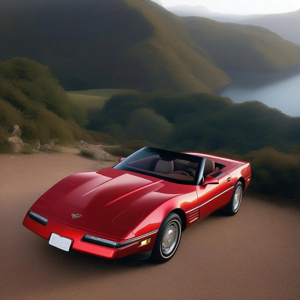 Une Corvette C4 LT1 rouge, vue de profil, avec un arrière-plan flou