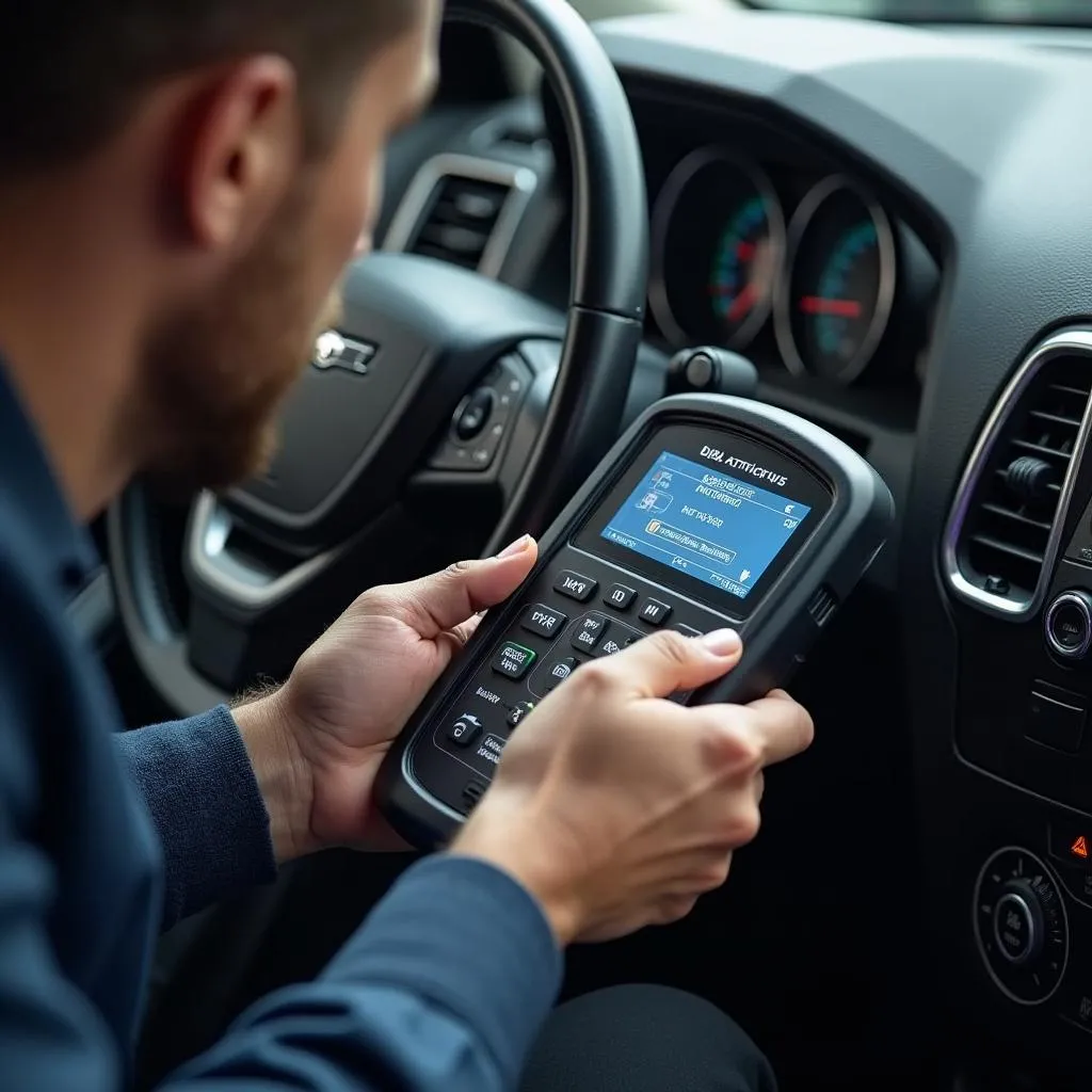 Mécanicien utilisant un outil de diagnostic OBD sur une voiture