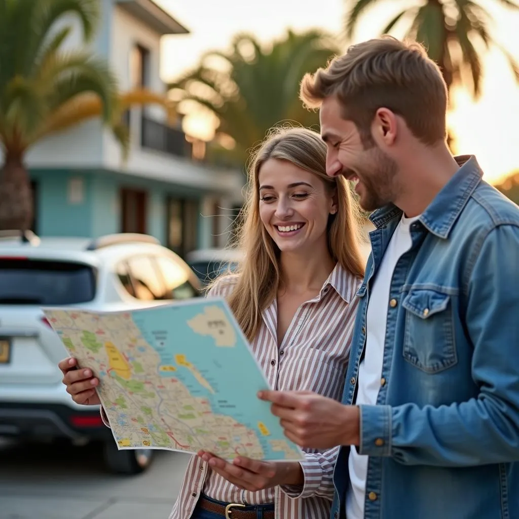 Couple étudiant une carte avec une voiture de location