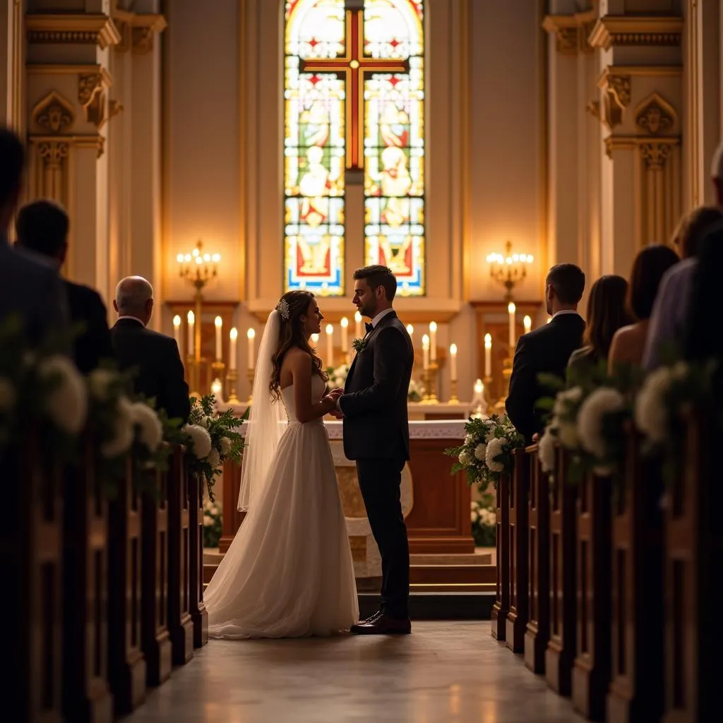 Un couple se marie devant l'autel d'une église