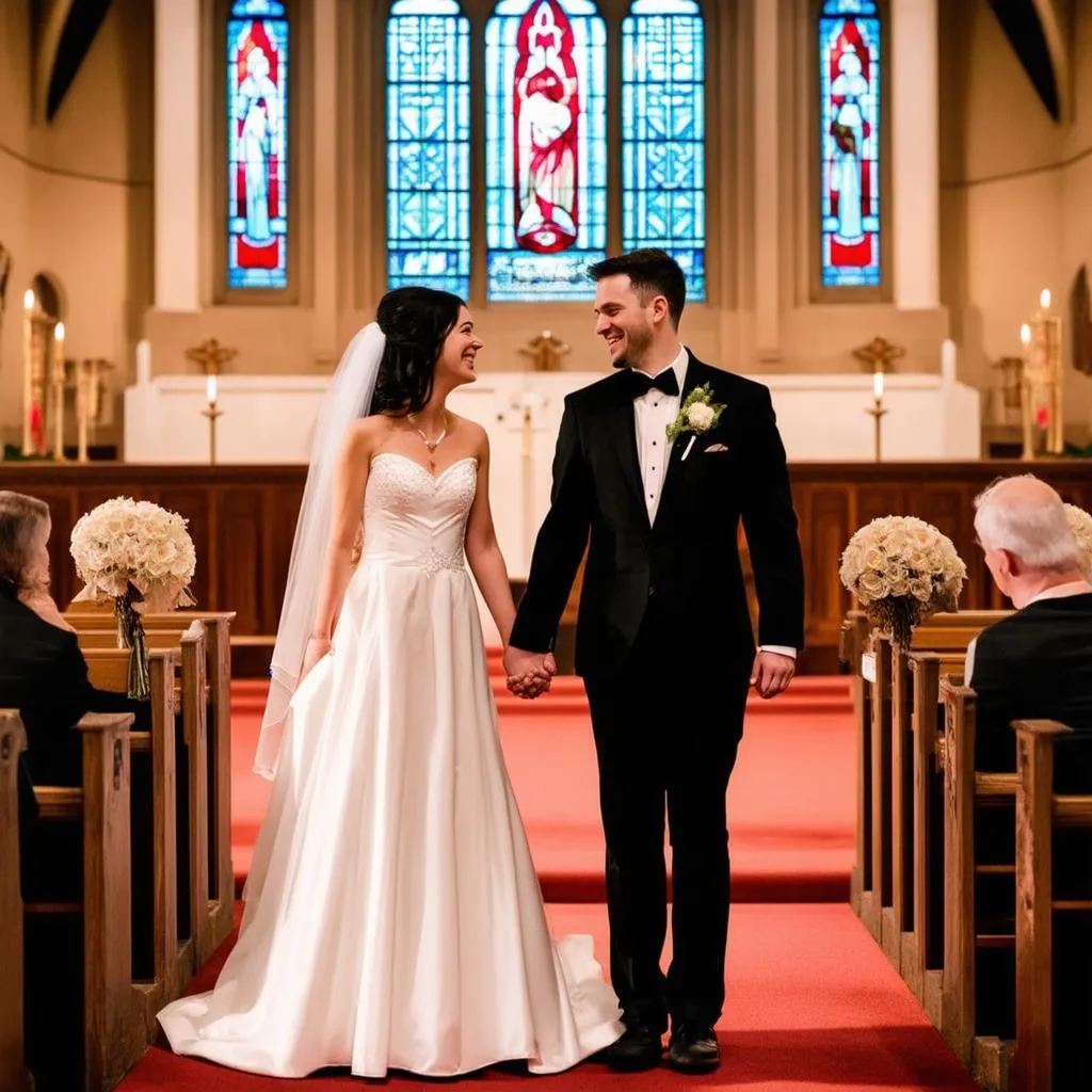 Couple se tenant la main devant une église