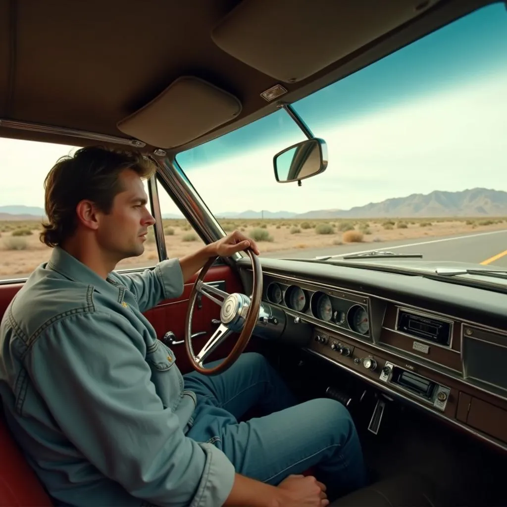 Dean Winchester conduisant l'Impala sur la Route 66