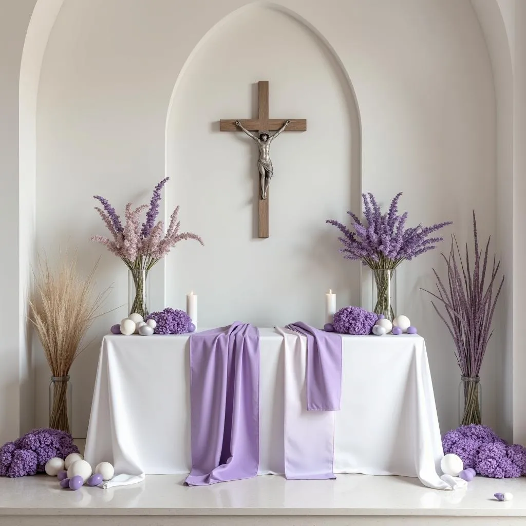 Décoration sobre d'un autel avec du violet et du blanc