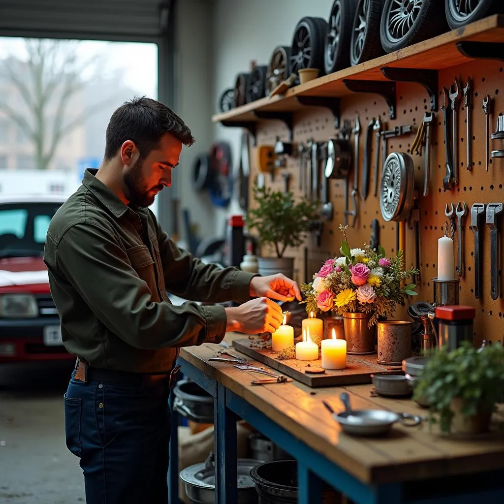 Mécanicien décorant un autel dans un garage Peugeot