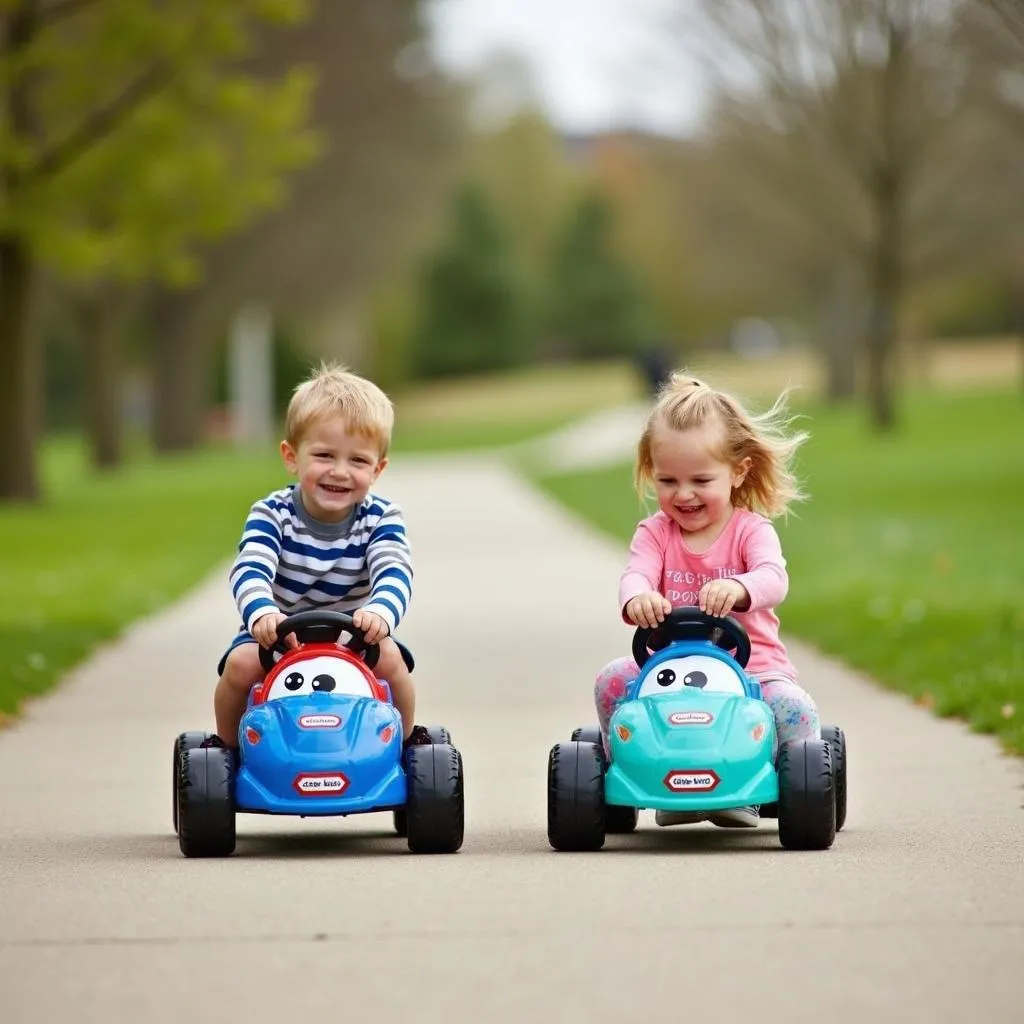 Deux Enfants Jouant avec des Voitures Little Tikes dans un Parc