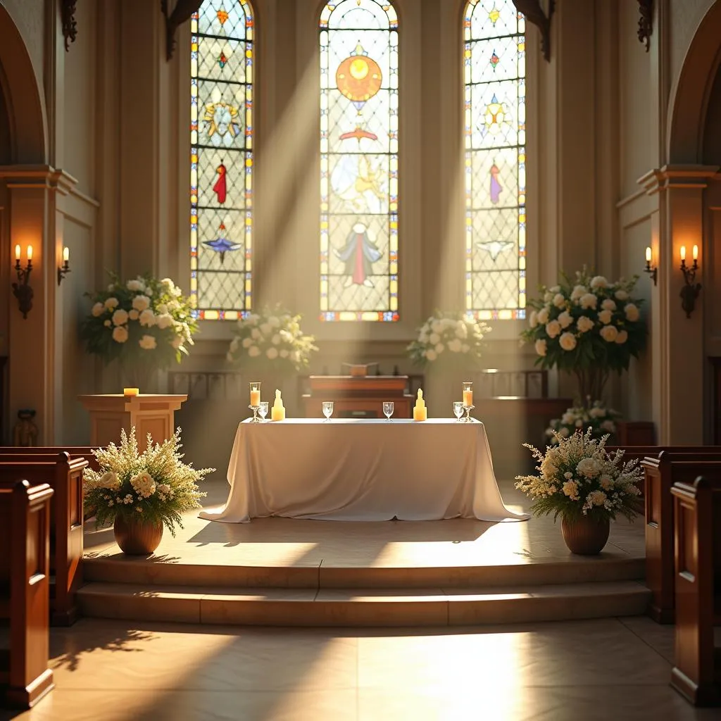 Devant d'autel d'église décoré pour un mariage