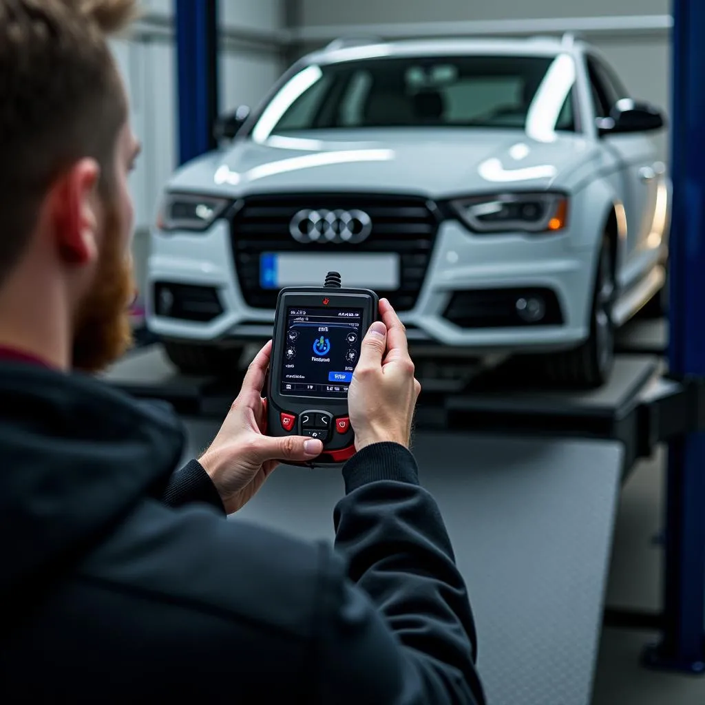 Diagnostic électronique d'une Audi A4 sur un pont élévateur