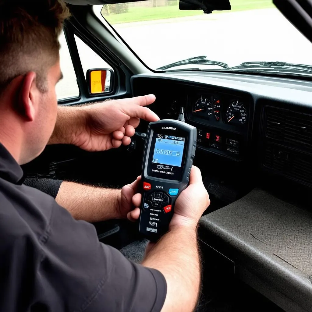 Un technicien utilise un scanner OBD pour diagnostiquer un Dodge Ram 2500 1997