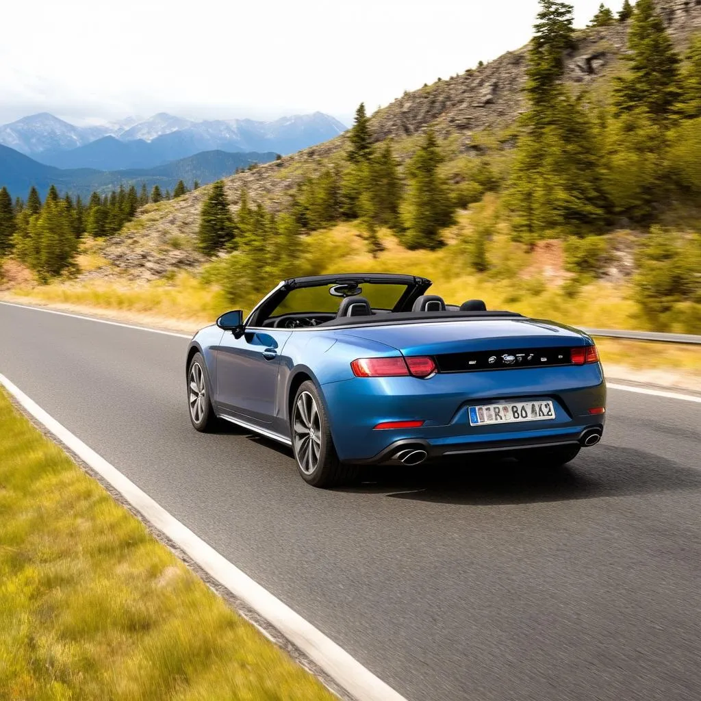 Driving a rental car on a scenic mountain road.