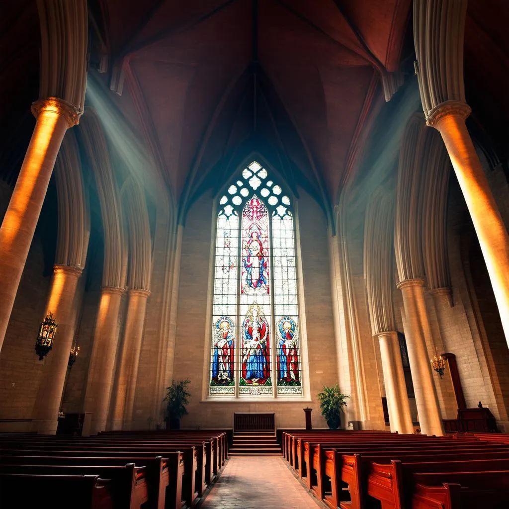 Intérieur de l'église de Blérancourt avec ses vitraux