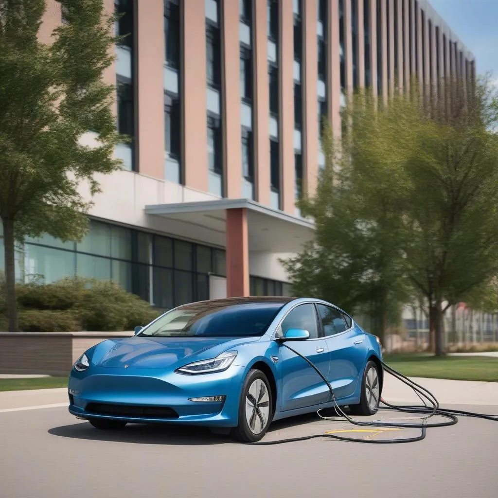 Voiture électrique sur le parking d'un collège