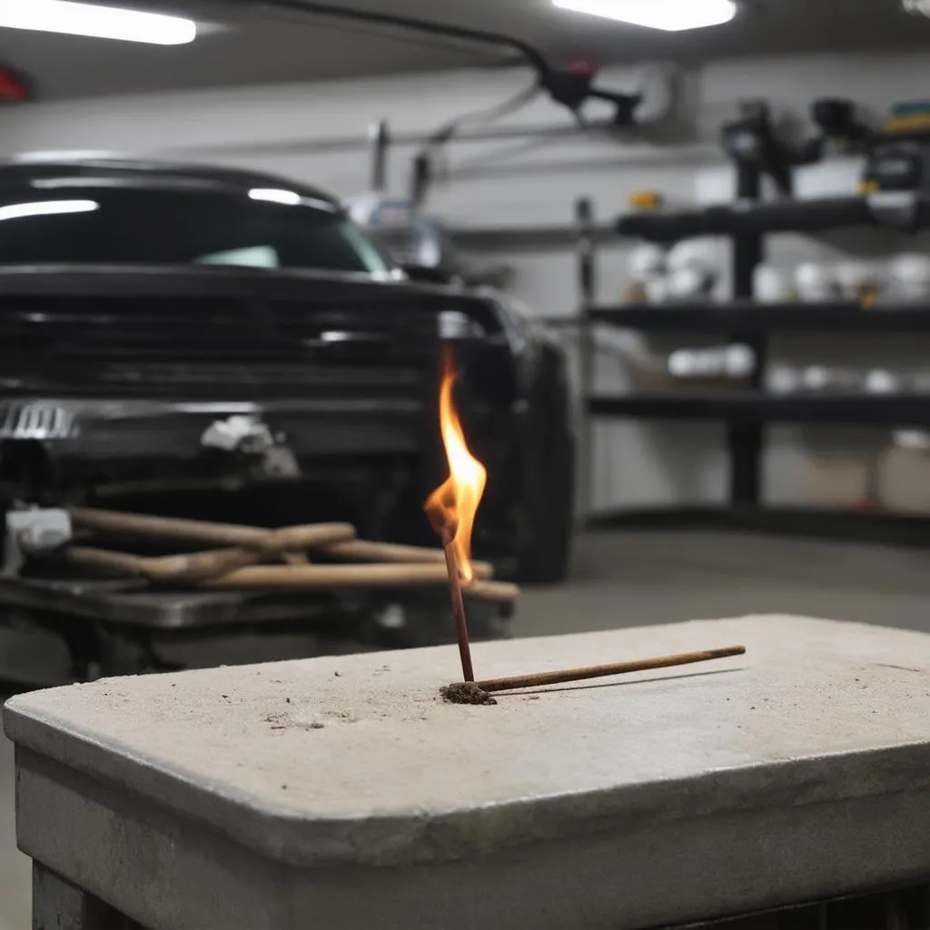 L'encens brûle sur un autel dans un garage mécanique.