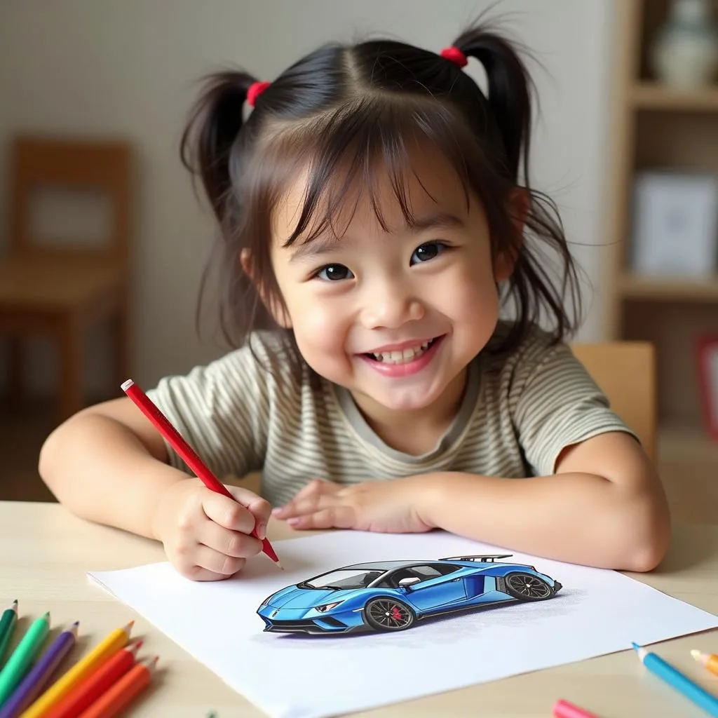 Enfant Colorant une Voiture Autel