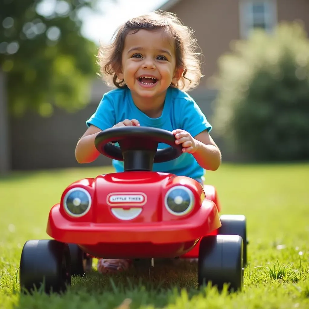 Enfant Jouant Avec Une Little Tikes Car Rouge Dans Un Jardin