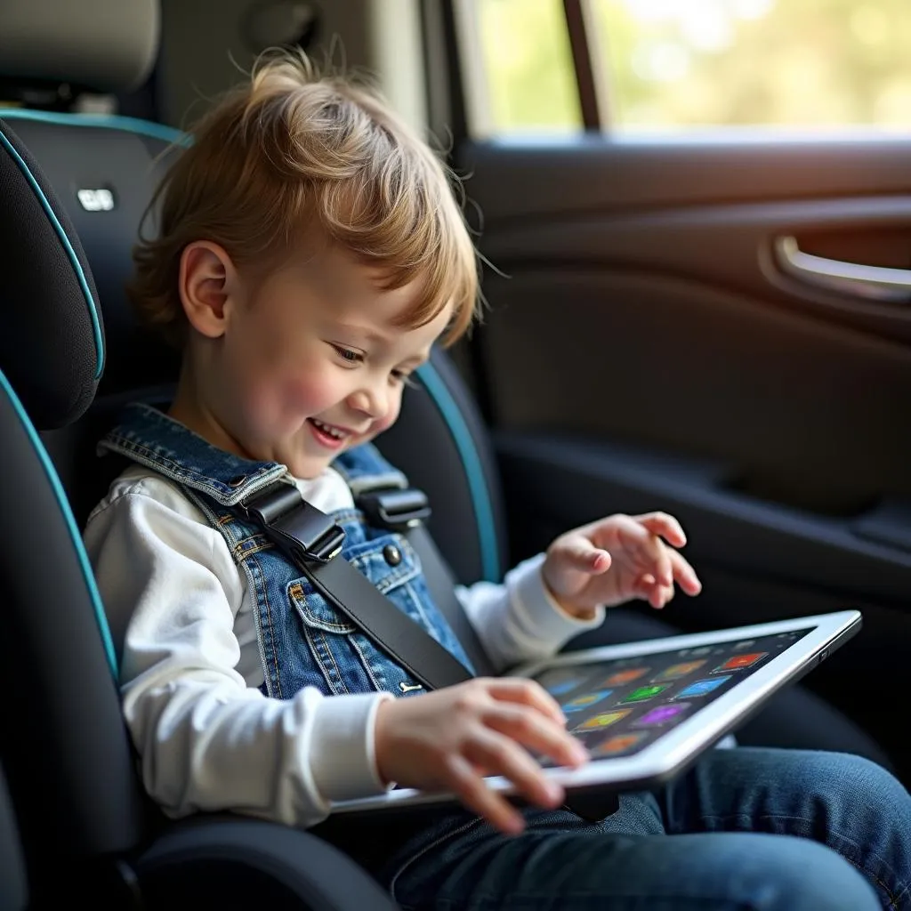 Enfant jouant avec une tablette éducative en voiture