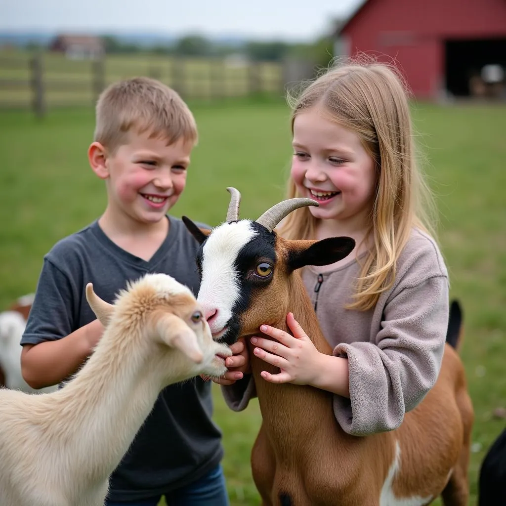 Enfants nourrissant les chèvres à la ferme à Saint-Laurent-des-Autels