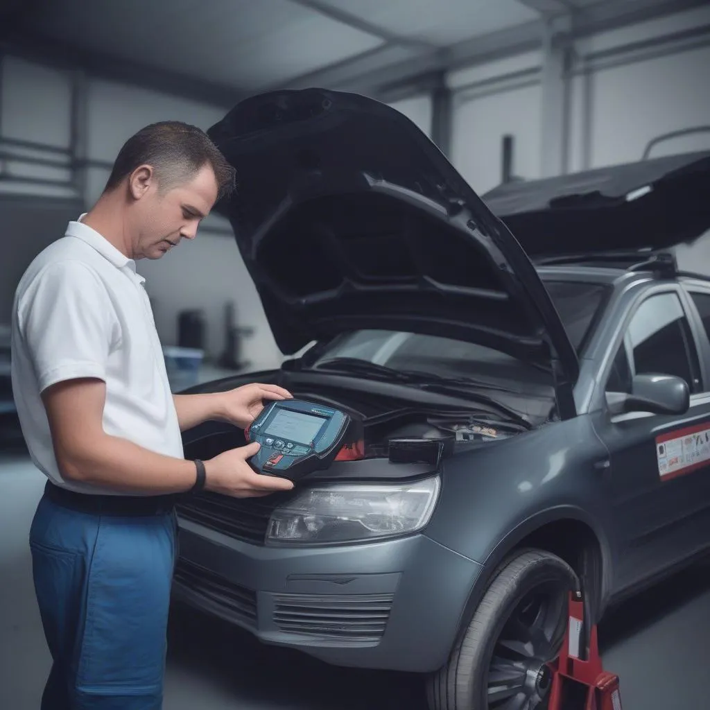 Un mécanicien utilise un scanner OBD I et OBD II de Bosch