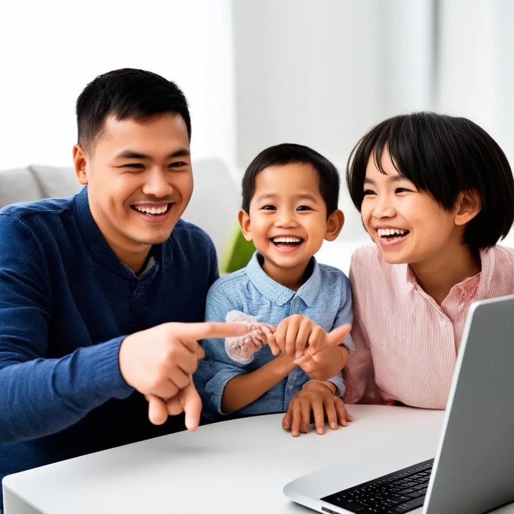 Famille regardant un ordinateur