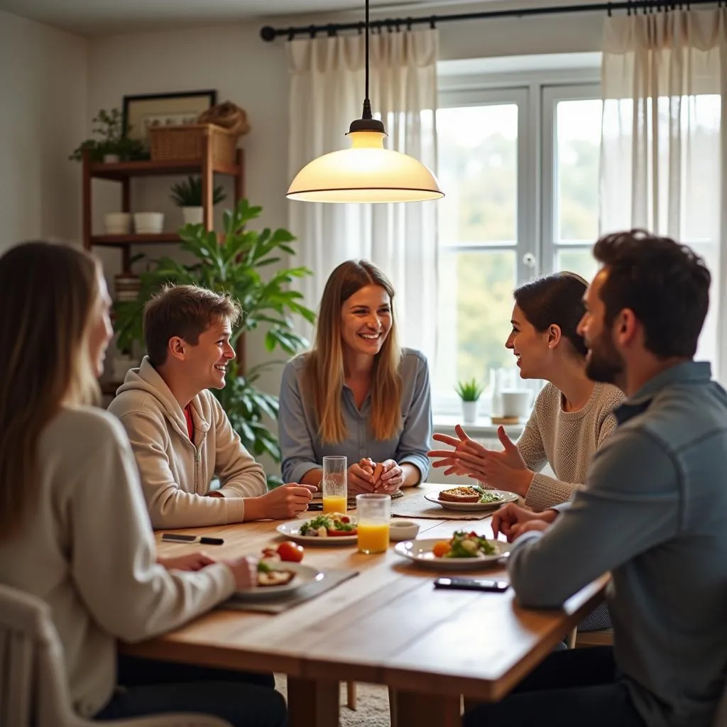 Une famille en discussion autour d'une table de cuisine