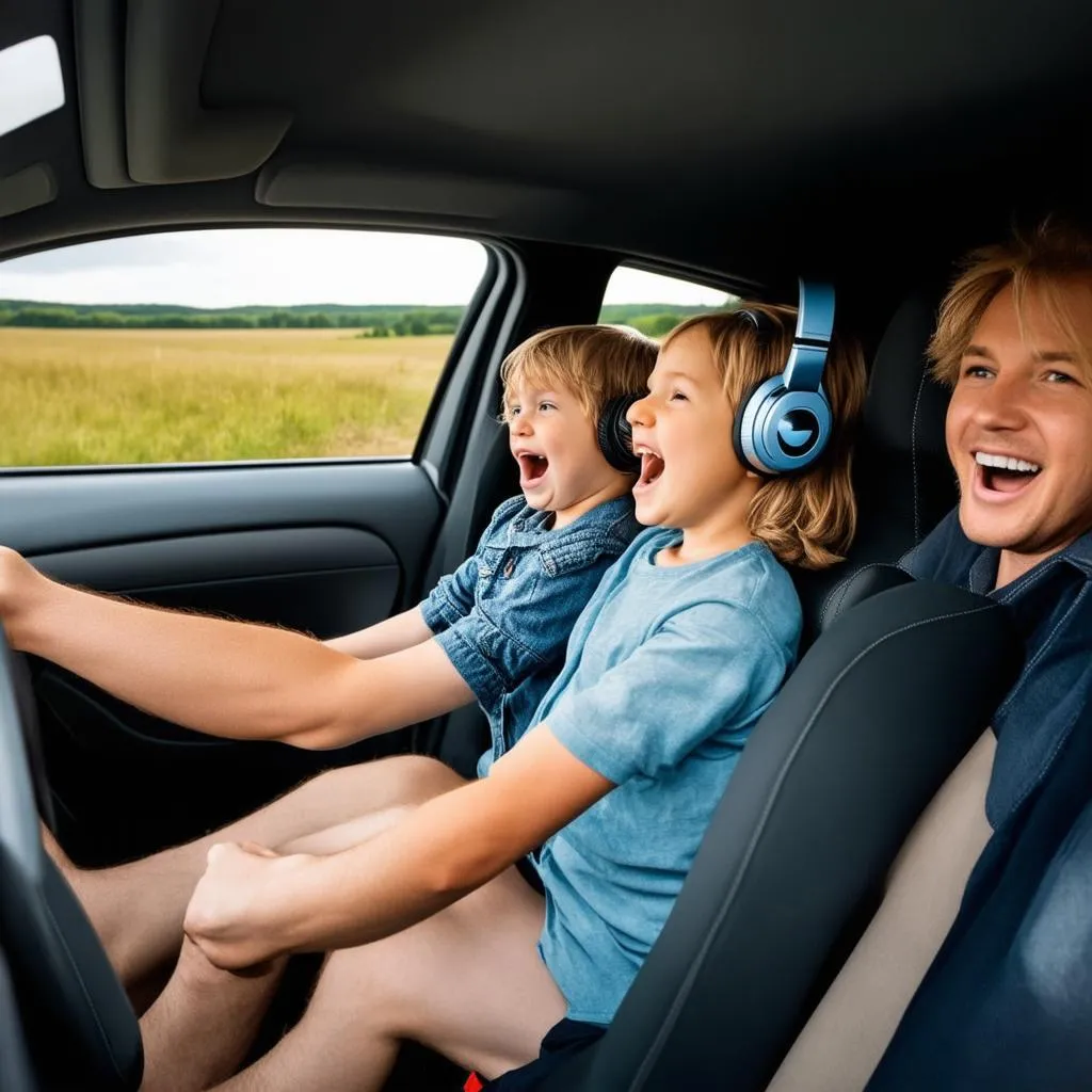 Famille écoutant de la musique en voiture