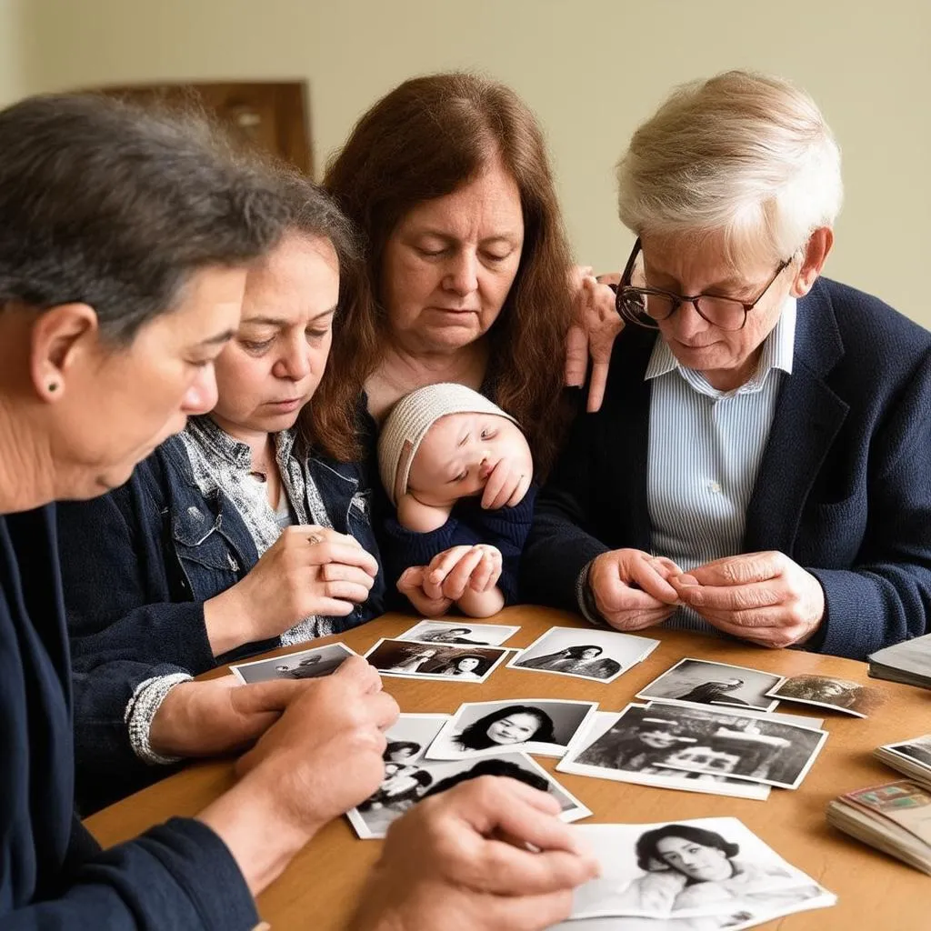 Famille endeuillée regarde des photos