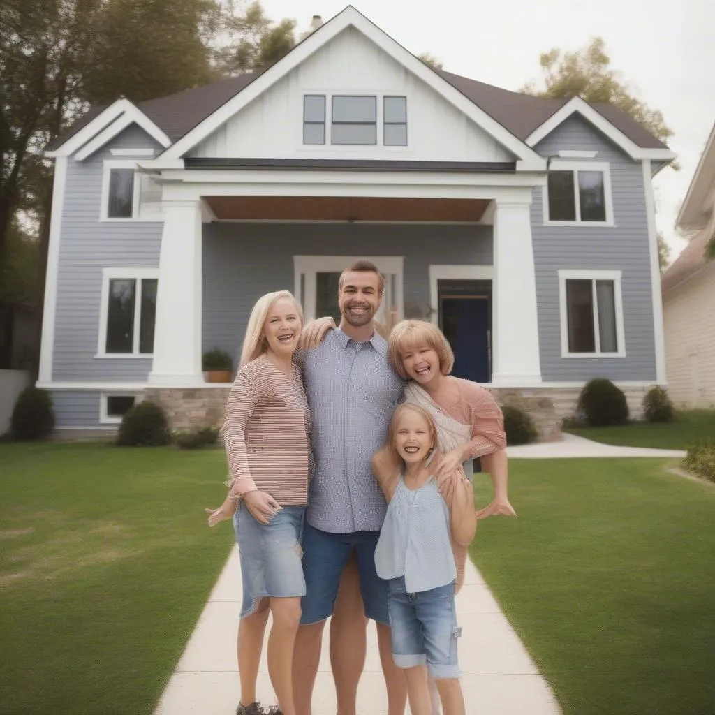 Famille heureuse devant leur nouvelle maison