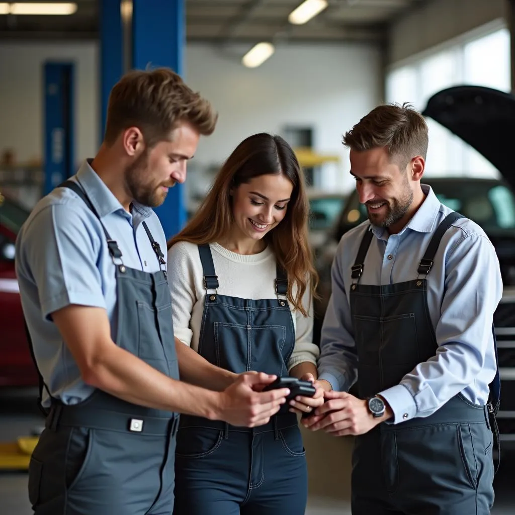 Une famille moderne travaillant ensemble dans un garage automobile