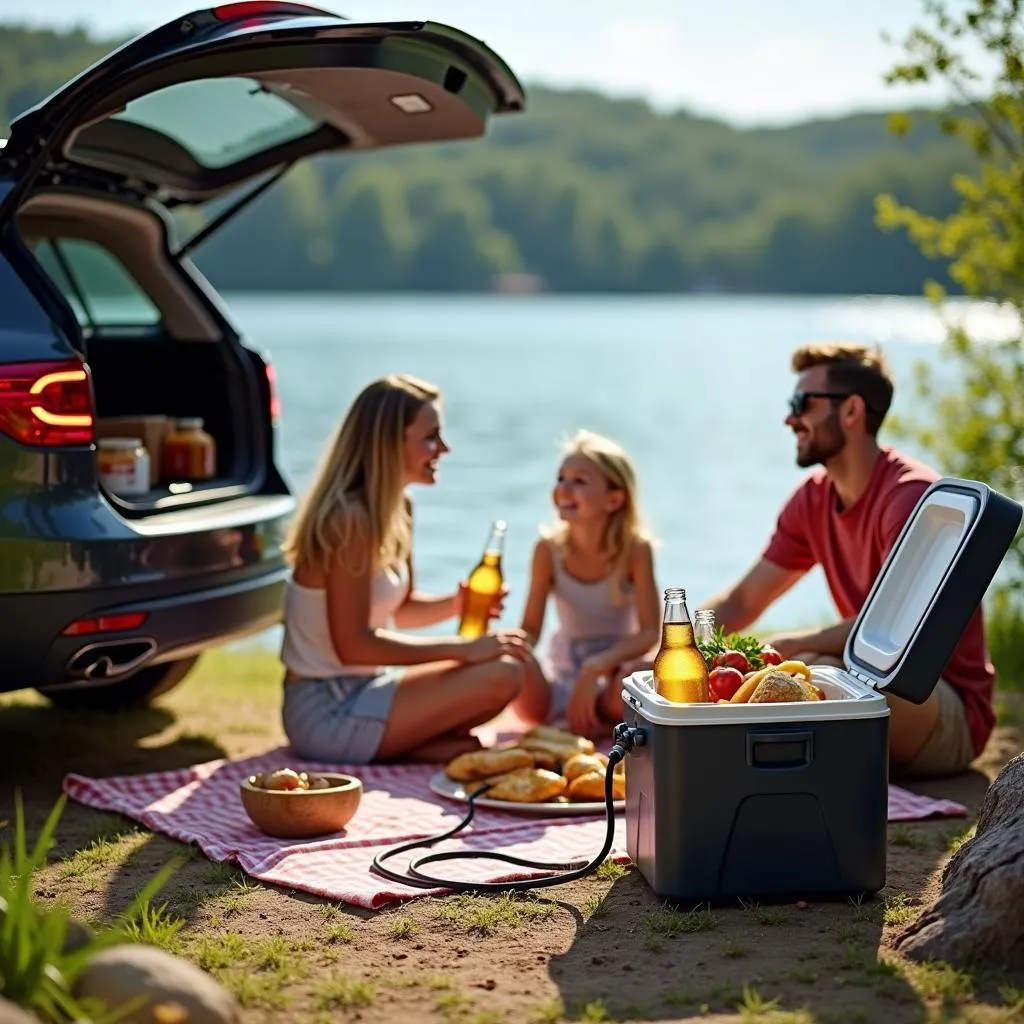 Famille profitant d'un pique-nique au bord du lac avec leur glacière de voiture