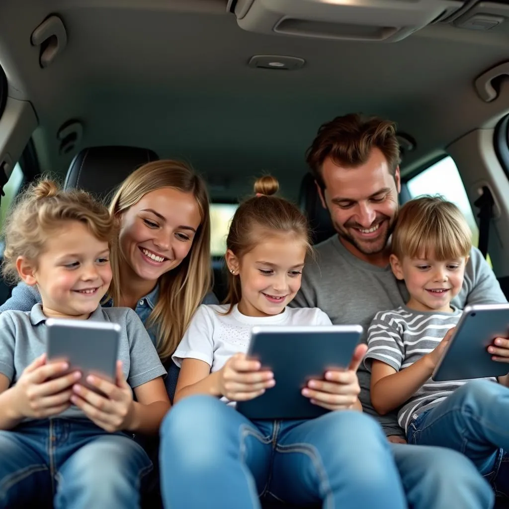 Famille dans une voiture utilisant des appareils connectés