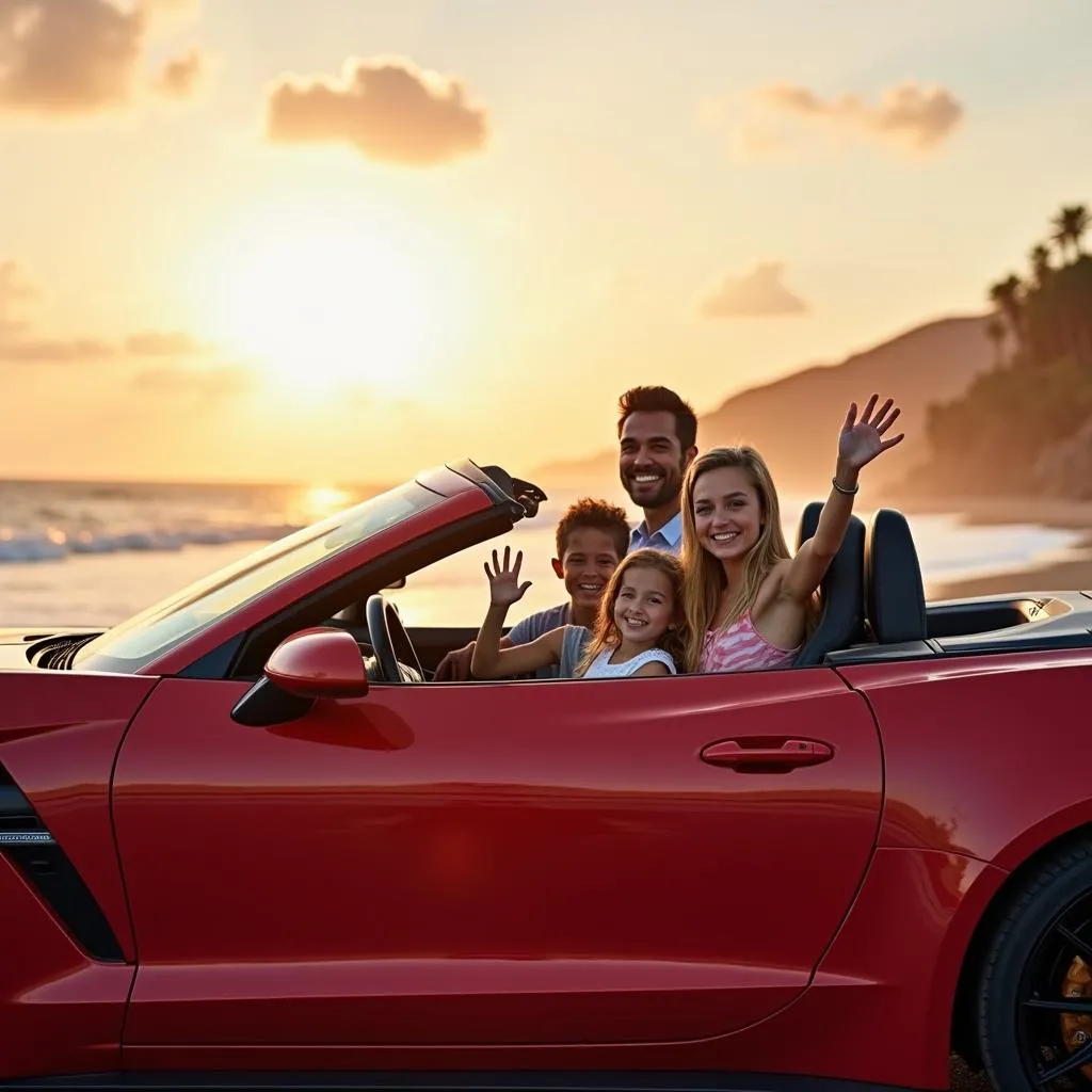 Famille dans une voiture sportive au bord de la mer