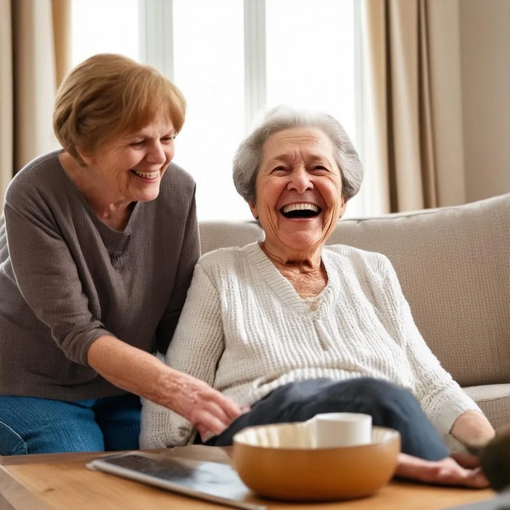 Une femme âgée sourit joyeusement dans son salon, accompagnée d'une aide-soignante attentionnée