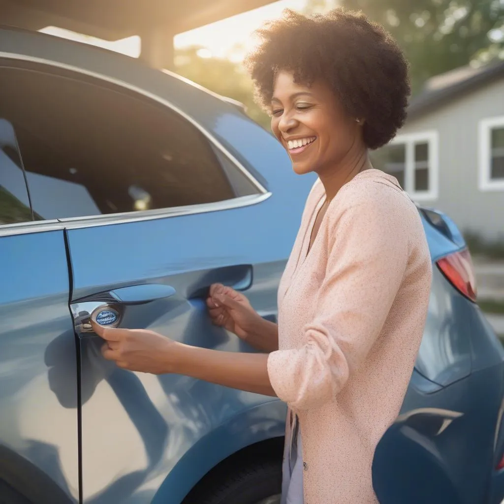 Femme appliquant un aimant personnalisé sur sa voiture