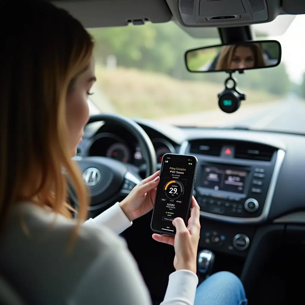 Une femme vérifiant les performances de sa voiture sur une application HH OBD en conduisant