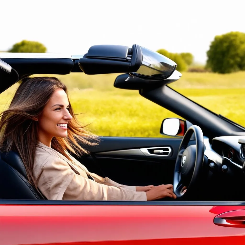 Femme conduisant une voiture décapotable