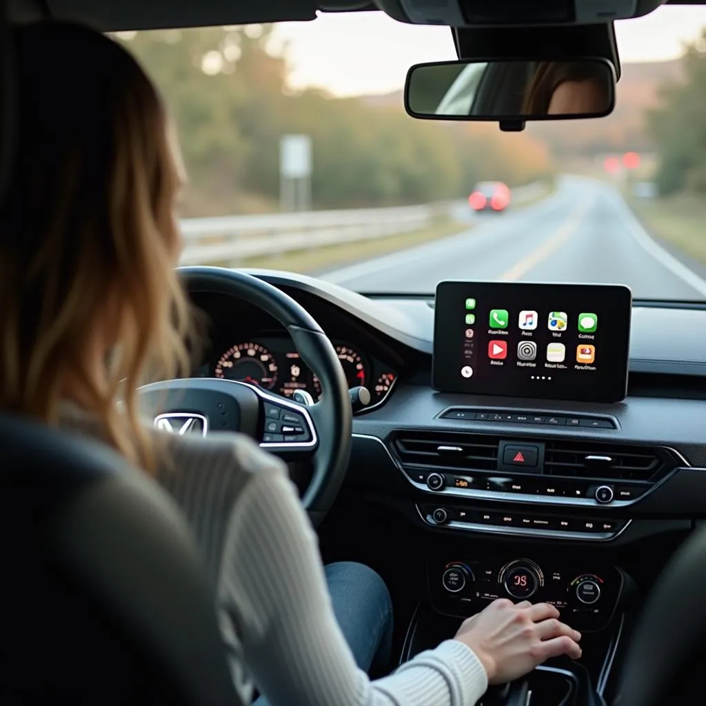 Femme conduisant une voiture utilisant Apple CarPlay