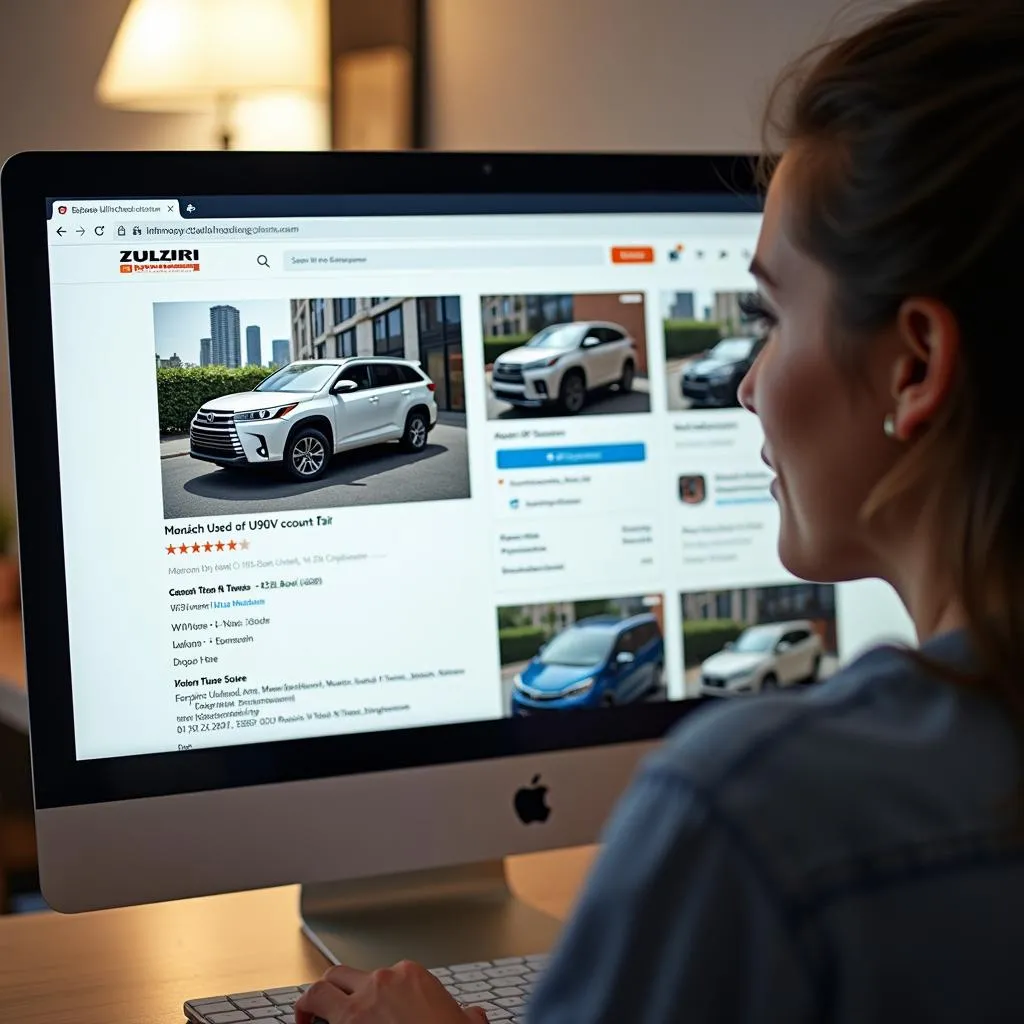 Une femme consulte une annonce de voiture d'occasion