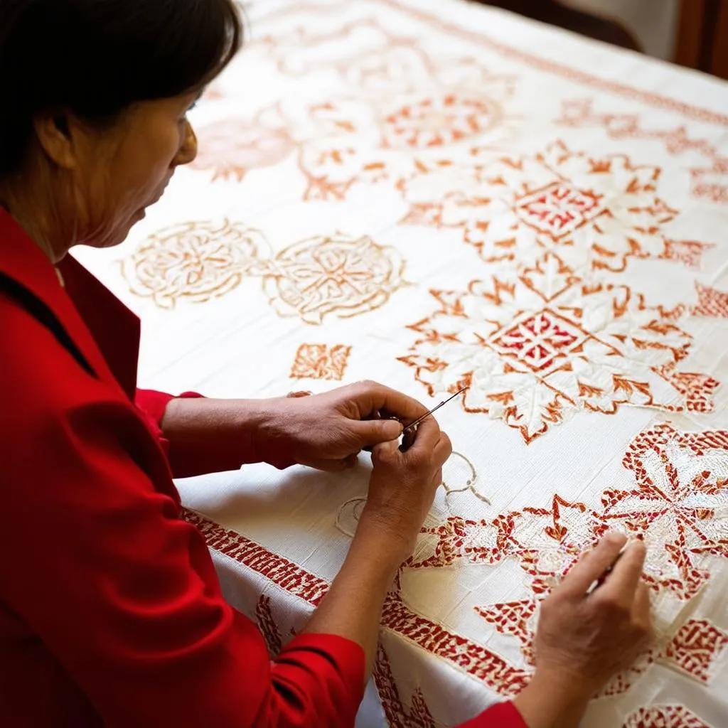 Femme confectionnant une nappe d'autel