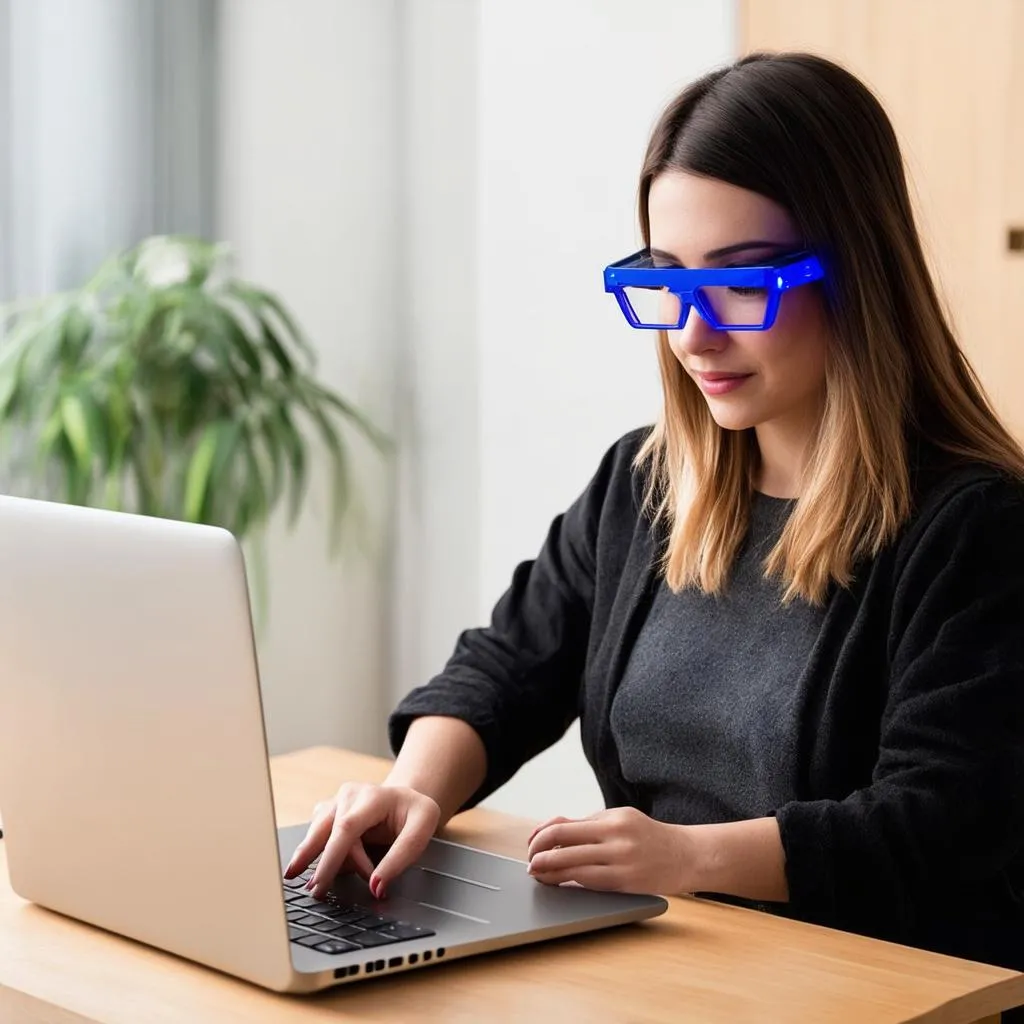 Femme portant des lunettes anti-lumière bleue devant un ordinateur