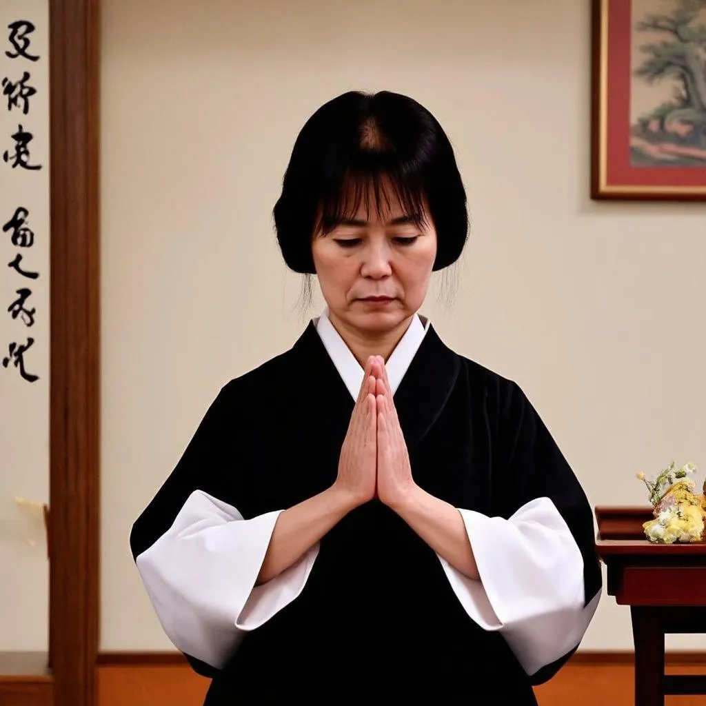 Femme priant devant un autel japonais