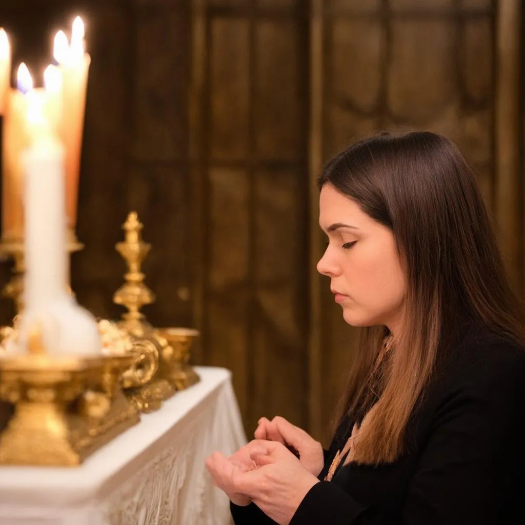 femme contemplative devant un autel