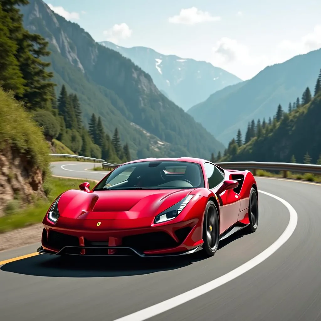 Ferrari 488 Pista rouge sur route de montagne