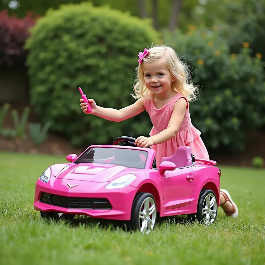 Fillette jouant avec sa voiture Barbie télécommandée dans son jardin