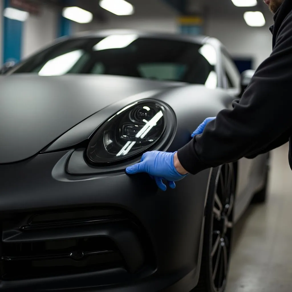 Application d'un film adhésif noir sur la carrosserie d'une voiture