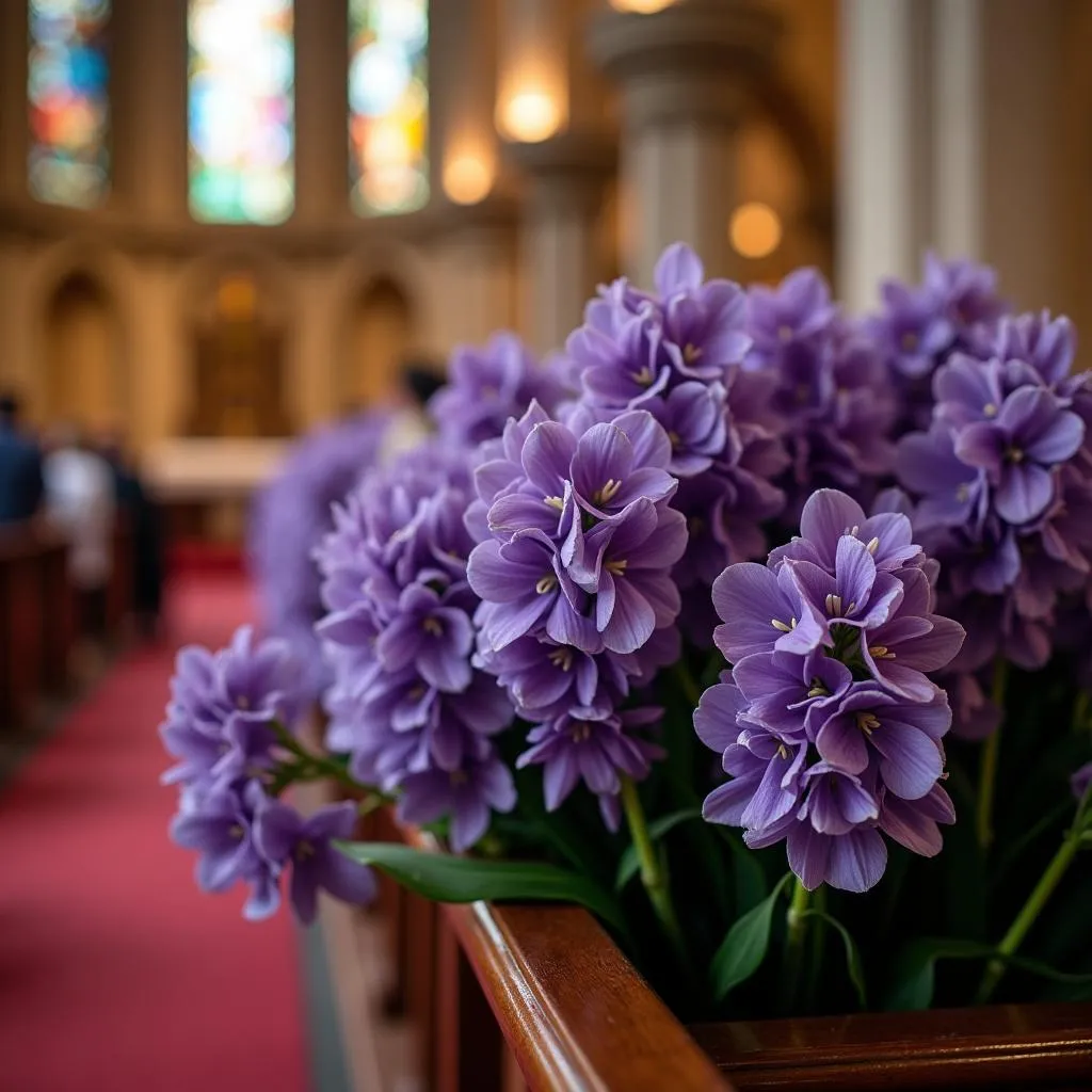 Fleurs violettes pour la décoration de l'autel pendant le Carême