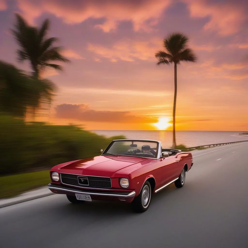 Driving along the Florida coast in a convertible rental car